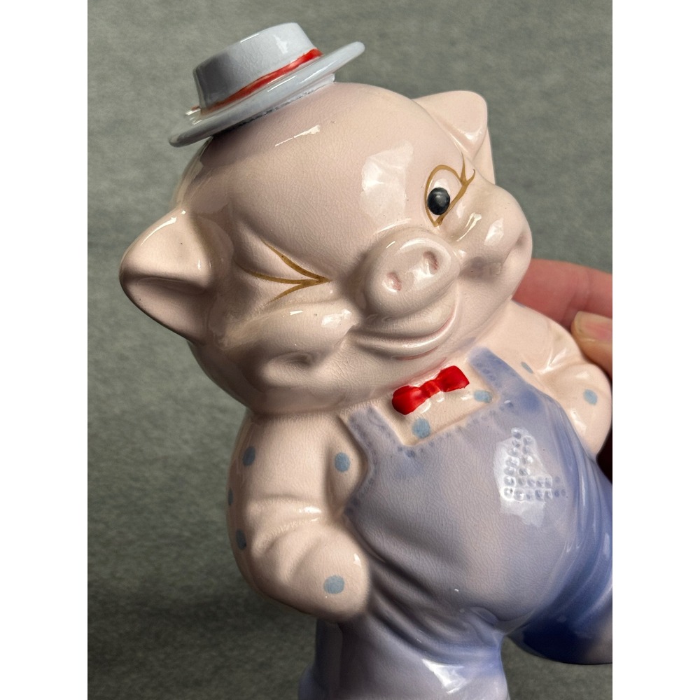 Vintage Lefton Winking Piggy Bank Ceramic Figurine Blue Overalls 9191 Japan